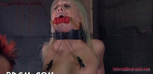  Gagged chick receives rough slit playing from torturer